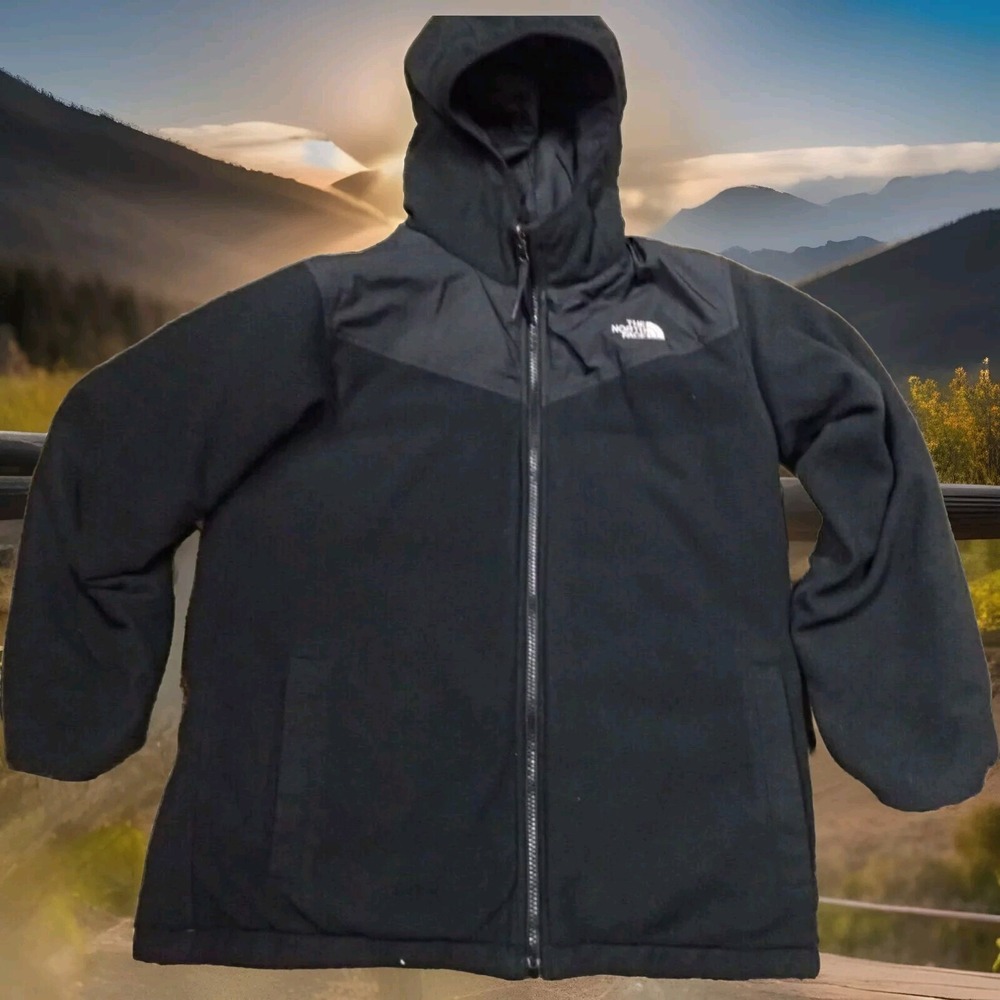 The North Face Puffer Jacket Boys L 14/16 Black Good Fleece Mixed Media Hooded